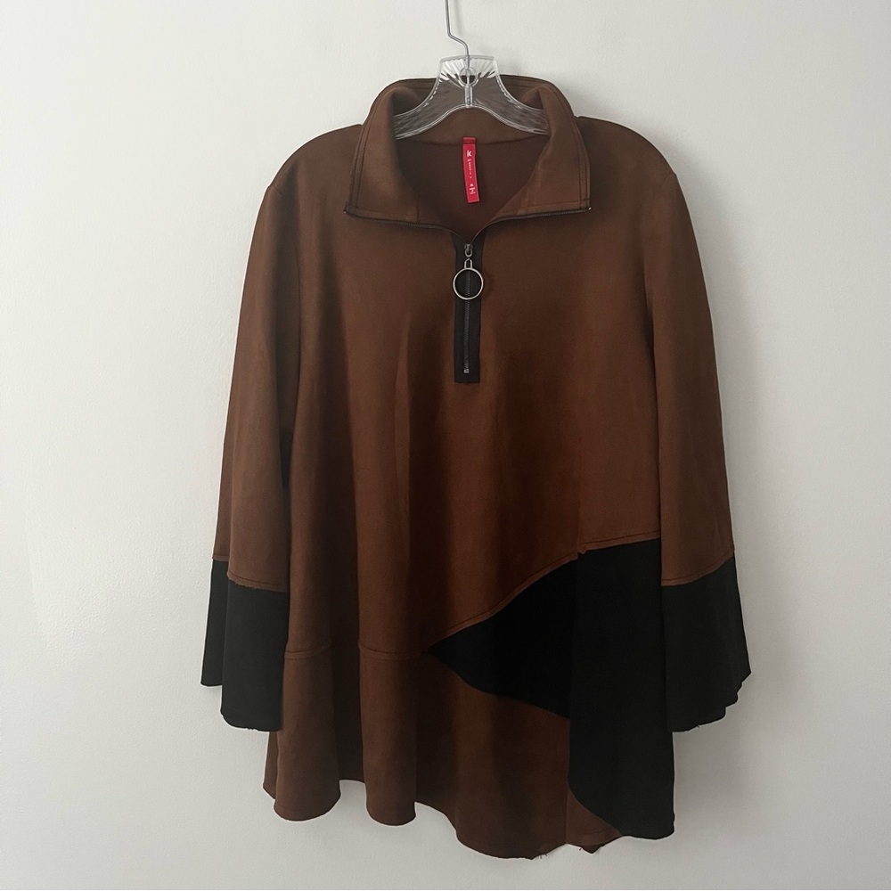IC By Connie K Faux Suede Patchwork 1/4 Zip Poncho Sweater Asymmetrical XL